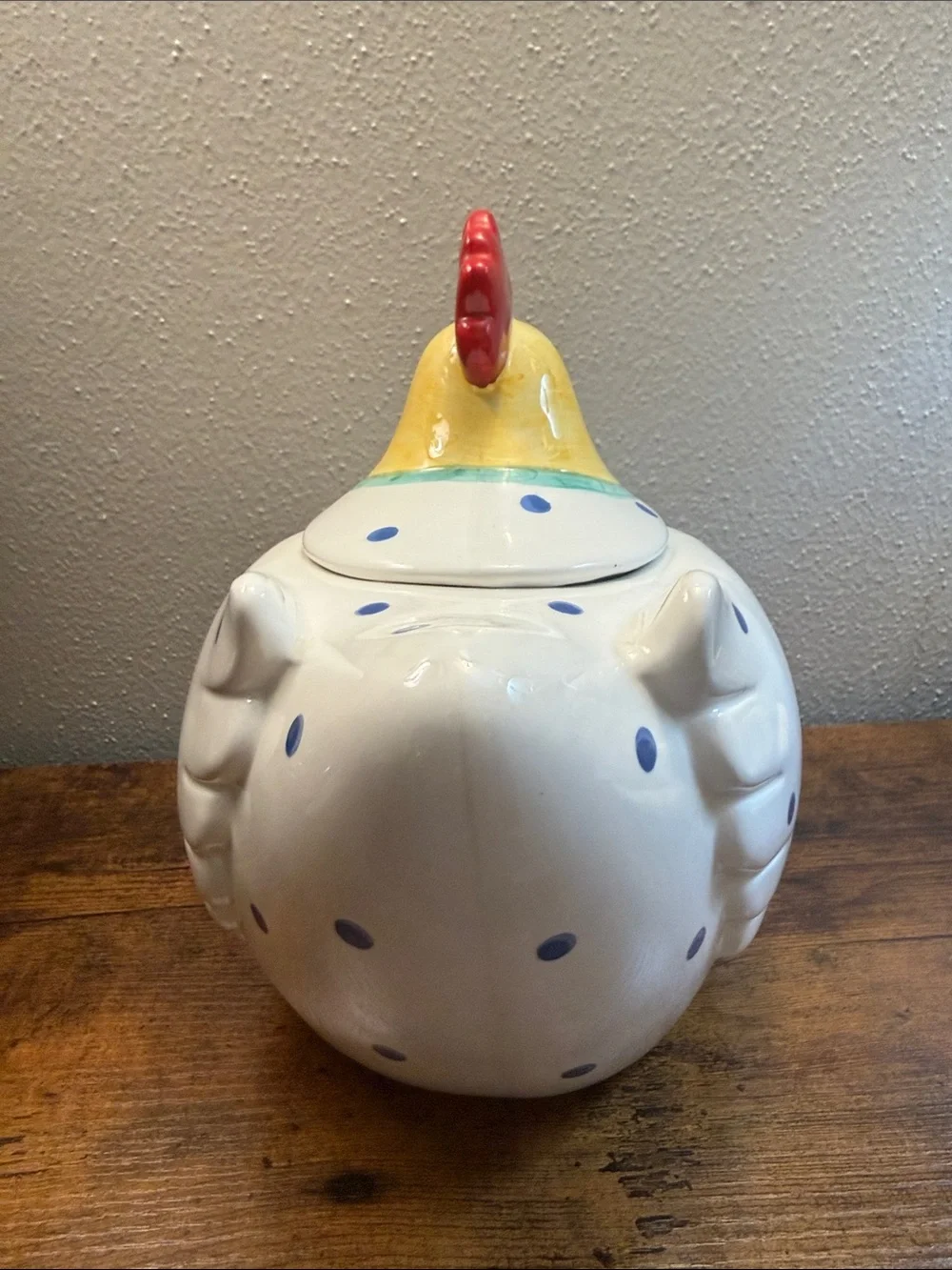 Coco Dowley Ceramic Chicken Cookie Jar Canister Blue Polka dots Kitchen Storage